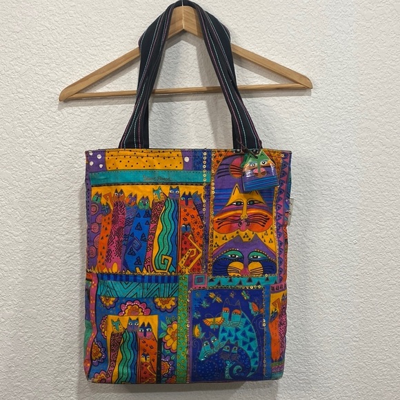 Laurel Burch Handbags - Vintage Laurel Burch Canvas Cat Multicolor Sequin Shoulder Tote Bag